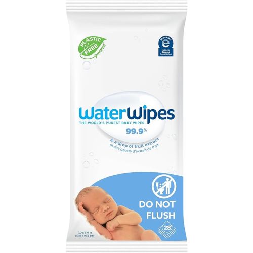 WaterWipes Plastic-Free Original Baby Wipes, 99.9% Water Based Wipes, Unscented & Hypoallergenic for Sensitive Skin, 28 Count (Pack of 1), Packaging May Vary