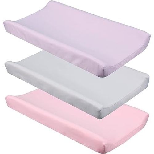 CaSaJa Diaper Changing Pad Cover for Baby Girls Set of 3, Snug Fit 4-Sided Contoured Changing Table Pad 16x31 16x32, Fitted Change Pad Sheet Gray Purple Pink, 100% Silky Soft Breathable Microfiber