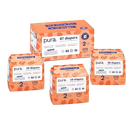 Pura Hypoallergenic Diapers, Size 2 (7-13 lbs) Totally Chlorine Free, Wetness Indicator, Suitable for Sensitive Skin, Soft Organic Cotton Comfort, Overnight, 3 Packs of 29 Diapers (87 Baby Diapers)