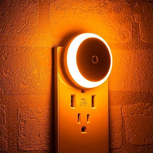 Amber Night Light Plug in, Dusk to Dawn Sensor, Blue Light Blocking, Automatic Nightlight, Energy Efficient, 2 Pack LED Night Lights Plug into Wall, for Bathroom, Bedroom, Kitchen, Hallway, Stairway