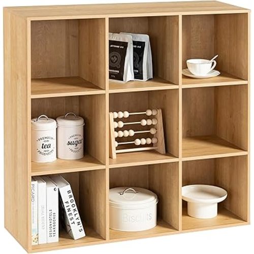 9 Cube Storage Organizer, Wood Decorative Open Bookcase and BookShelf, Large Tall Closet Cabinet,Cubical Storage Unit with Back Panel for Living Room, Toy, Office (Nature-Oak, 9 Cube Bookcase)