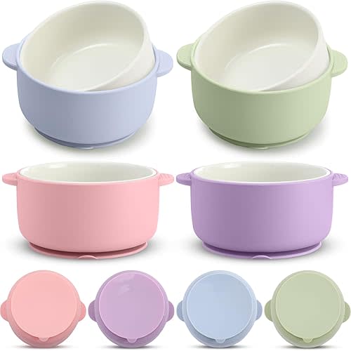Domensi 4 Sets Kids Porcelain Bowls with Silicone Suction Sleeves Toddler Suction Bowls Baby Bowl Microwave Dishwasher Safe Cereal Soup Snack Dishes for Children Food Feeding Supplies (Macaron Colors)