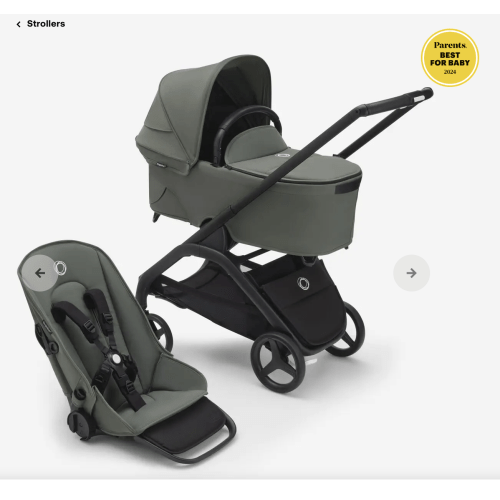 Bugaboo Dragonfly bassinet and seat stroller black base, midnight black fabrics, morning pink sun canopy