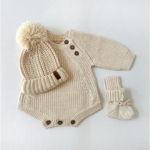 Baby Newborn Chunky Knit Set options | Romper booties hat | Light Rice Elliot