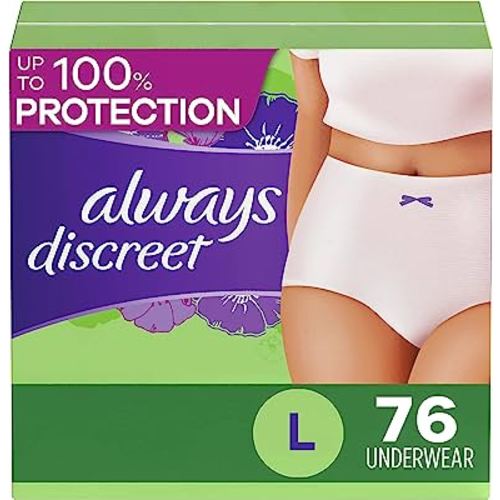 Always Discreet Adult Incontinence Underwear for Women and Postpartum Underwear, up to 100% Bladder Leak Protection, Large, 76 Count