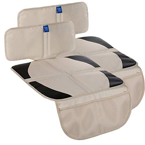 funbliss car seat Protector for Child car seat Beige Thick Padding Carseat Kick Mat with Organizer Pockets,Waterproof 600D Fabric,Vehicle Dog Cover Pad for SUV Sedan Leather Seats（2 Pack）
