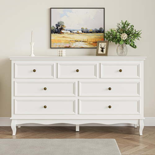 White 7 Drawer Dresser with Ball Bearing Slide, Sturdy Frame Modern Wood Dresser Wide Nightstand Cabinet for Bedroom, Living Room, Hallway, Entryway