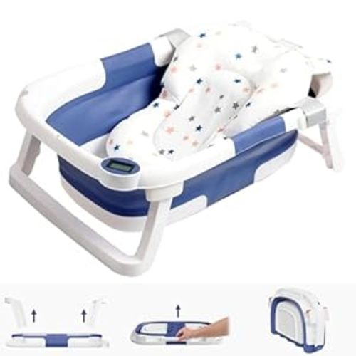 NAPEI Collapsible Baby Bathtub for Infants to Toddler, Portable Travel Bathtub Multifunctional Bathtub with Drain Hole, Baby Folding Bathtub for Newborn 0-36 Month (Blue+Floating Baby Bath Cushion) - Sky Blue