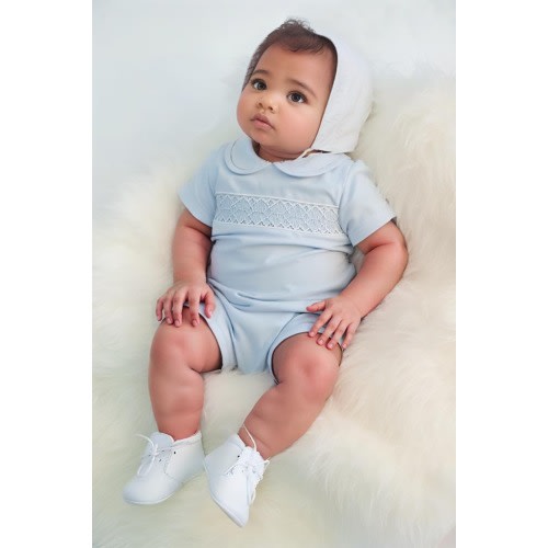 Baby Boys Light Blue Geo Smocked Bubble With Bonnet