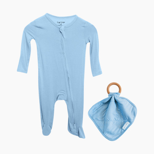 Snuggle Shield LUXE Bamboo Footed Sleeper and Lovey Teether Set - Sky Blue, 3-6 M