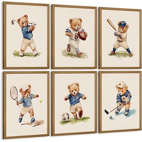 Nursery Bear Sports Wall Art Vintage Boy Room Canvas Wall Decor Baby Teddy Bear Pictures Boy Nursery Art Prints Kids Animal Poster Artwork for Toddler Bedroom Playroom 12x16 Inch Wood Framed 6Pcs
