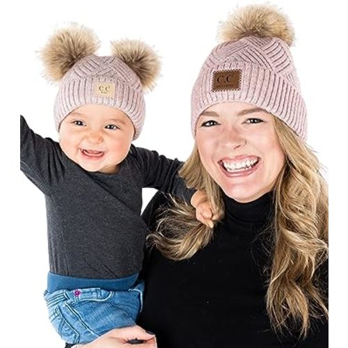 Funky Junque Mommy and Me Matching Pom Pom Beanies Set - Winter Hats for Women and Kids - Basketweave