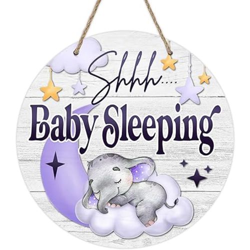 Deroro Shhh Baby Sleeping Front Door Sign, Elephant Purple Moon Cloud Stars Wood Door Hanger Outdoor Porch Nursery Decor, Rustic Wooden Wreath Indoor Wall Hanging Kids Baby Girl Boy Room Decoration