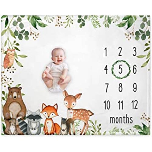 RICEFINE Woodland Baby Monthly Milestone Blanket, Woodland Animals Baby Growth Chart Monthly Blanket, Watch Me Grow Baby Woodland Forest Nursery for New Moms Baby Shower (50"x40")