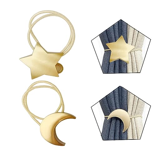 Magnetic Curtain Tiebacks Clips Decorative Rope Holdbacks 1 Pair Gold Moon and Star Shape Window Curtain Drape Tie Backs for Window Draperies Hold, Bedroom Home Décor (1pc Moon +1pc Star)