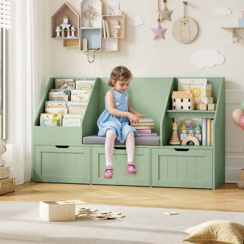 Homfa Kids Bookshelf with Reading Nook & 3 Movable Drawers, 2 Cube Bookcase with 4-Tier Book Racks, Toy Storage Organizer for Playroom Bedroom, Green