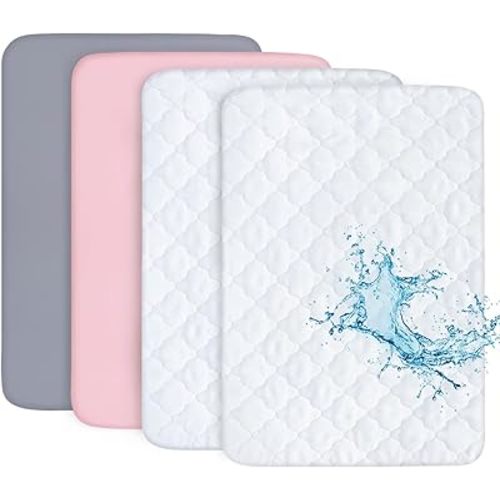 Biloban Pack n Play Sheets and Waterproof Mattress Protector, Grey&Pink, Breathable, Washable, Water Proof, 4 Pack