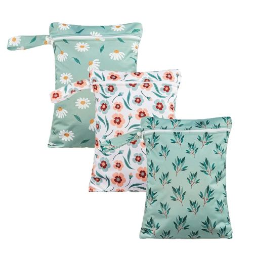 3 Set Wet Bag Storage Bag Zipper Waterproof Washable Travel Bags, Beach, Pool, Gym Bag for Cloth Diaper, Swimsuits & Wet Clothes for Baby,11.8x15.7inch (Daisy)