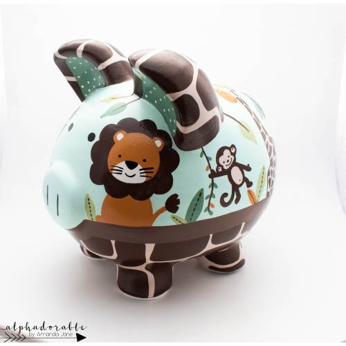 Jungle Friends Personalized Piggy Bank with Lion, Monkey, Elephant and Zebra in Aqua and Brown
