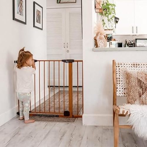 Toddleroo by North States Woodcraft Steel Baby Gate: Self-Closing Child Gate with Hold-Open Feature. Pressure Mounted Baby Gate with Door, Fits Openings 29.75” to 40.5” Wide. (30" Tall, Brown)