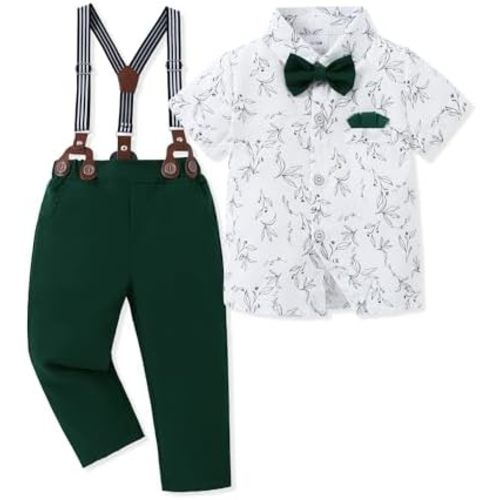 SANMIO Toddler Baby Boy Clothes Suit Gentleman Wedding Outfits, Formal Dress Shirt with Bowtie + Suspender Pants 1-5 Years