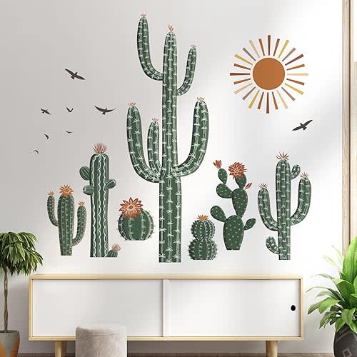 wondever Boho Cactus Wall Stickers Tropical Cacti Green Plants Peel and Stick Wall Art Decals for Living Room Bedroom Dining Room