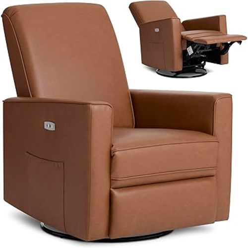 Evolur Harlow Upholstered Power Glider Recliner with USB Charging – Rocking & 275° Swivel with Smooth Glide – Greenguard Gold & FSC Certified – Modern Nursery and Living Room Chair in Cognac