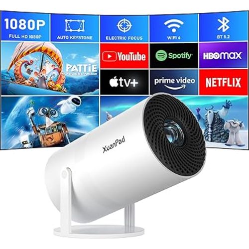 [Netflix Officially & Electric Focus] Projector with WiFi and Bluetooth, XuanPad Full HD 1080P Portable Projector, 210° Rotatable Stand, Auto Keystone, Dust Removal and Heat Dissipation Design