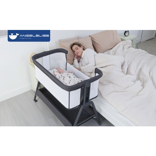 ANGELBLISS Baby Bassinet Bedside Crib with Storage Basket and Wheels, Easy Folding Bed Side Sleeper Adjustable Height Portable Crib for Newborn - Grey