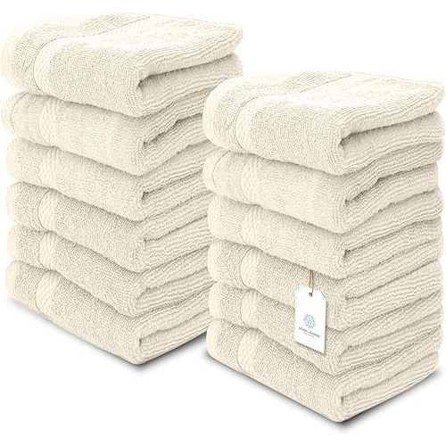 White Classic Luxury Washcloths for Bathroom-Hotel-Spa-Kitchen-Set - Circlet Egyptian Cotton - Highly Absorbent Hotel Quality Face Towels - Bulk Set of 12-13x13 Inch (Ivory)