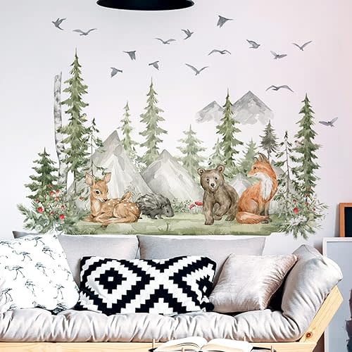 38 x 59 inch Giant Mountain Forest Tree Wall Decal Woodland Deer Bear Fox Birds Wall Stickers 3D DIY Peel and Stick Jungle Wild Animal Pine for Kids Boys Bedroom Playroom Living Room Classroom Nursery