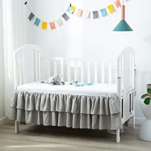JSD Grey Ruffled Crib Bed Skirt Double Layer Nursery Toddler Dust Ruffle Bedding Skirt 14" Deep Drop