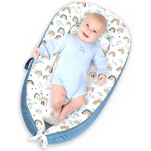 AMAWMW Baby Lounger for Newborn Infant Baby Nest Sleeper for 0-12 Months Portable Adjustable Washable Lounger Cover for Co Sleeping Removable Slipcover Lounger Pillow Floor Seat for Travel Essentials