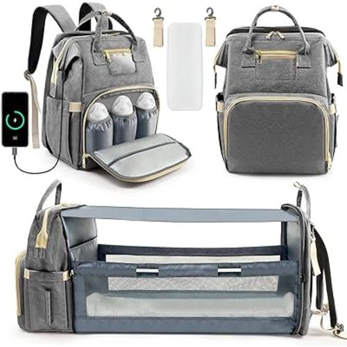 Kompoll Unisex Diaper Bag Backpack, Grey, Large Capacity, Waterproof, Padded Shoulder Straps, Reinforced Zippers, 5 Pockets with Insulated Function, Suitable for 0-24 Months