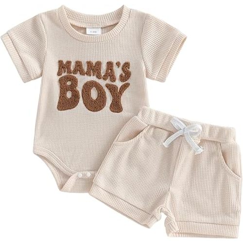 MERSARIPHY Newborn Baby Boy Summer Clothes Mama's Boy Little Dude Short Sleeve Romper Shorts Set Infant Waffle Knit Outfit