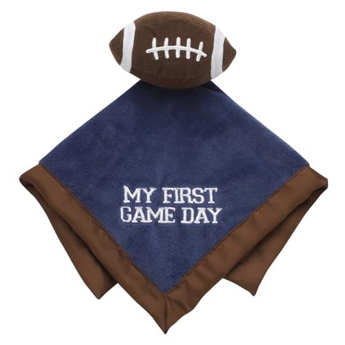 Plush 13 in. Snuggle Buddy Blanket with Rattle and Satin and Embbroidery, My First Game Day Football for Baby (Navy Blue and Brown)