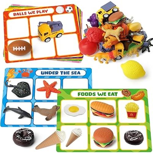 Coogam Sorting Toy for Toddlers, Animals Dinosaurs Fruits Vehicles Foods Fishes Balls Farm Playset, Fine Motor Montessori Game Preschool Educational Learning Gift for Year Old Kids