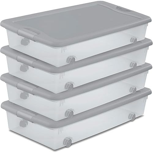 Sterilite 4 Pack Wheeled Under Bed Storage Container, 56 Qt Plastic Bin with Latching Lid for Organization - Clothes & Shoes Organizer, Silver Tint