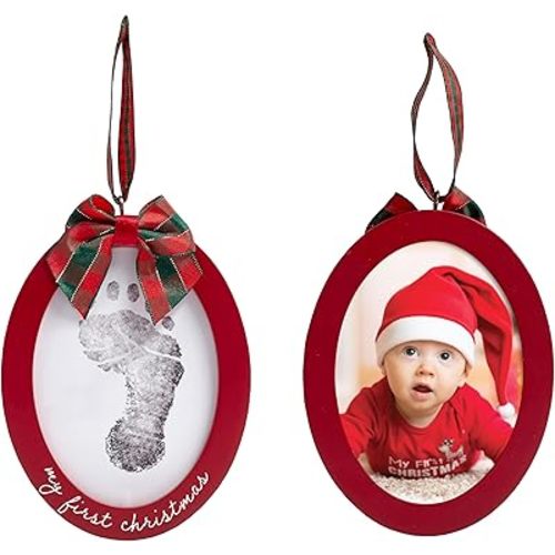 Pearhead Babyprints Double-Sided Christmas Ornament, First Holiday Keepsake Frame with Clean-Touch Ink Pad, Newborn Handprint Footprint Kit, Infant Photo Decoration, Red