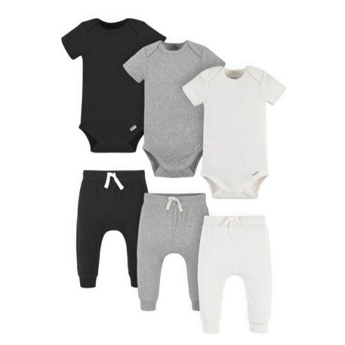 Modern Moments by Gerber Baby Boy Solid Drop Needle Bodysuits & Pants Set, 6-Piece (Newborn-12 Months)