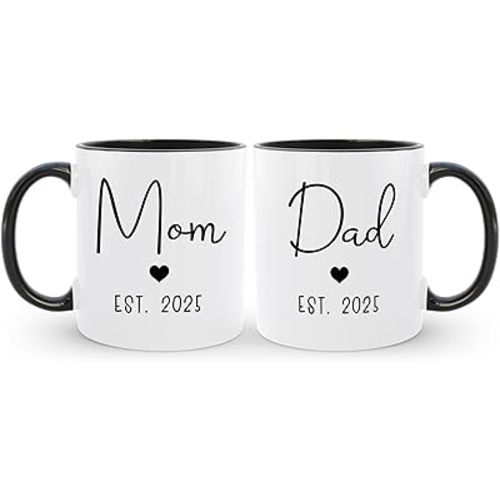 Mom Dad Est 2025 Coffee Mug Set, New & Expecting Parents Gift for Couple, Pregnancy Announcement Gender Reveal Gift, Welcome Baby Congratulations Present, Mommy to Be First Time Daddy Cups