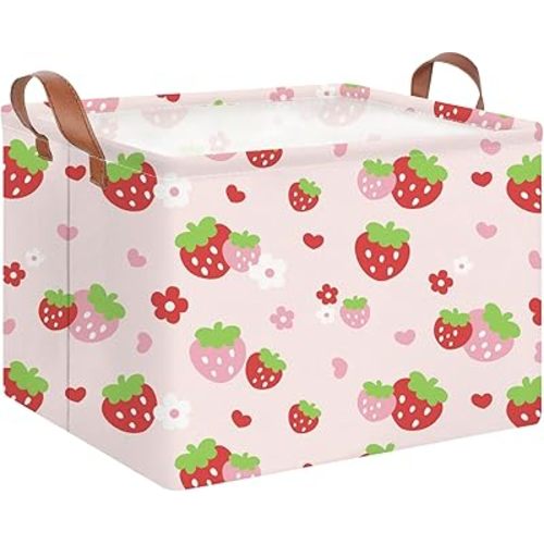 Rectangle Storage Basket with Handles,Collapsible Kids Toys Bin,Books Box,Gift Basket(Strawberry)