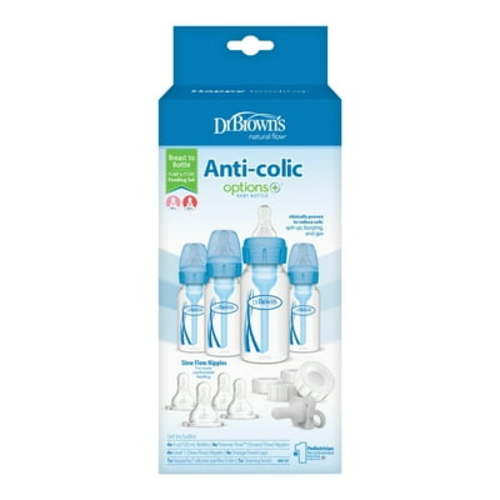 Dr. Brown's Natural Flow Anti-Colic Options+ Narrow Breast to Bottle Feeding Set, Blue, 4oz, 4 Pack