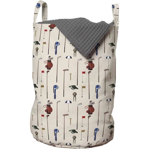 Ambesonne Golf Laundry Bag, Club and Ball Sport Theme Equipment Stroke Play Golfer Activity Leisure Hobby Design, Hamper Basket with Handles Drawstring Closure for Laundromats, 13" x 19", Cream Tan