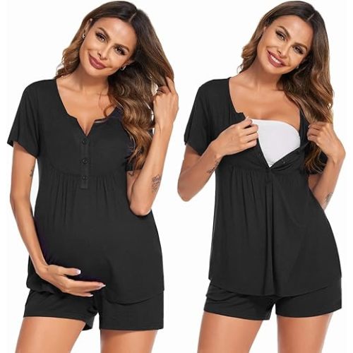 Ekouaer Women's Maternity Nursing Pajama Sets Short Sleeve Postpartum Pajamas Breastfeeding Pregnancy Clothes