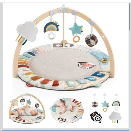 Blissful Diary Baby Play Gym & Activity Mat, 5 Developmental Zones Wooden Tummy Time Mat with 6 Detachable Sensory Toys for Motor Skills & Sensory Development, Baby Essentials Shower Gift