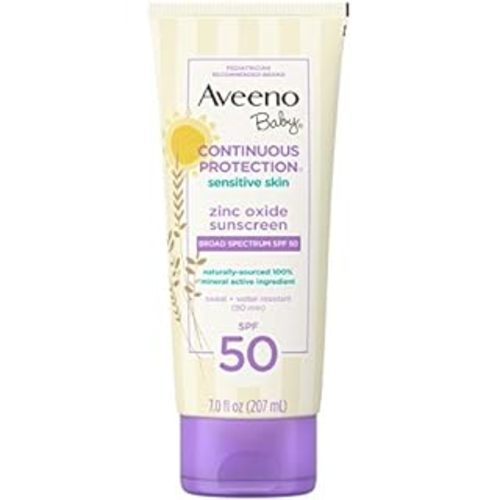 Aveeno Baby Continuous Protection Zinc Oxide Mineral Sunscreen Lotion for Sensitive Skin, Broad Spectrum SPF 50, Tear-Free, Sweat- & Water-Resistant, Paraben-Free, Travel-Size, 3 fl. oz