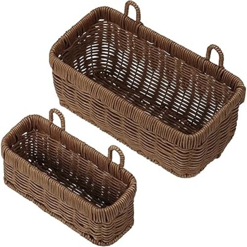 Tioncy 2 Pcs Woven Hanging Wall Baskets for Storage Boho Style Hanging Storage Plastic Woven Baskets with 4 Hooks for Kitchen Garden Living Room(Brown,Sea Grass)