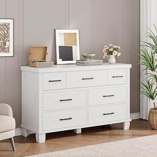 Garvee Dresser for Bedroom with 7 Drawers, Storage Chest of Drawers with Metal Handle, Wooden Dresser Organizer for Living Room,Closet,Entryway,Nursery (White)