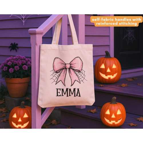 Personalized Halloween Tote Bag with Pink Bow and Spider Web,Custom Trick or Treat Bag for Kids, Reusable Canvas Candy Basket Gift for Girls